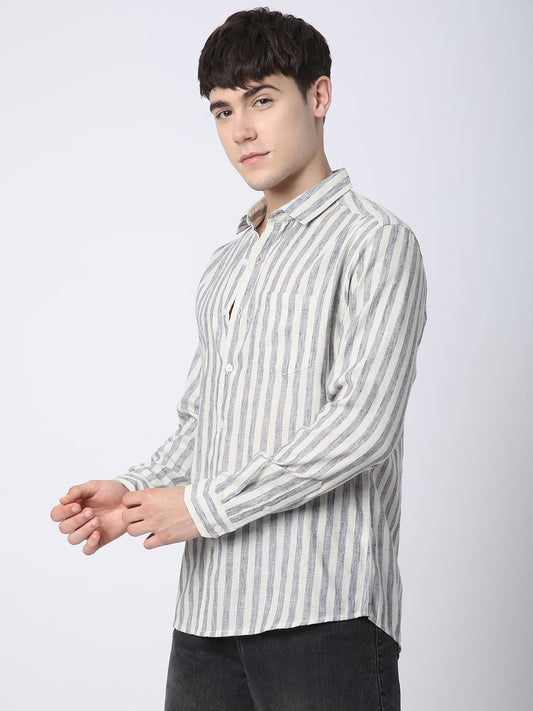 Faded Navy & Off-White Candy Striped Linen Shirt