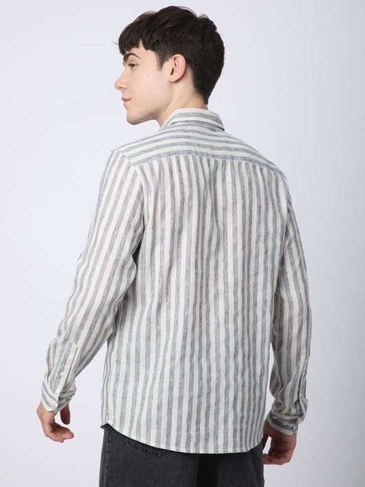 Faded Navy & Off-White Candy Striped Linen Shirt