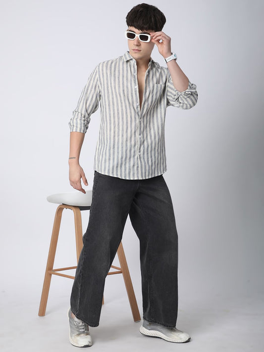 Faded Navy & Off-White Candy Striped Linen Shirt