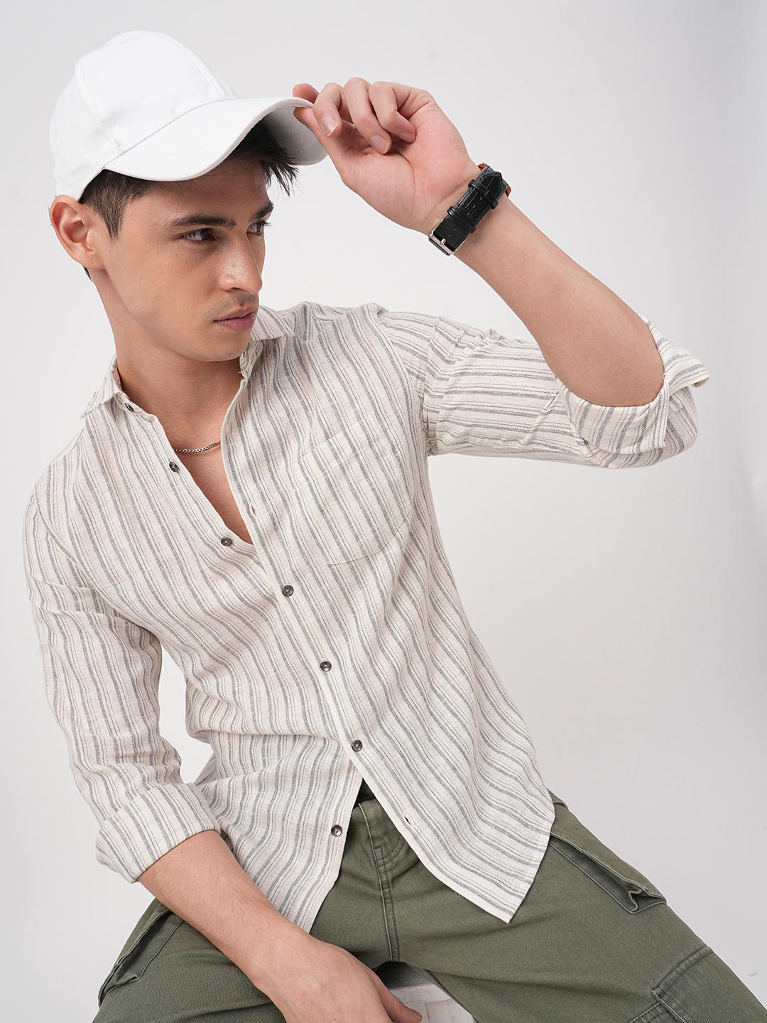 Off-White & Grey Vertical Striped Burlap Shirt