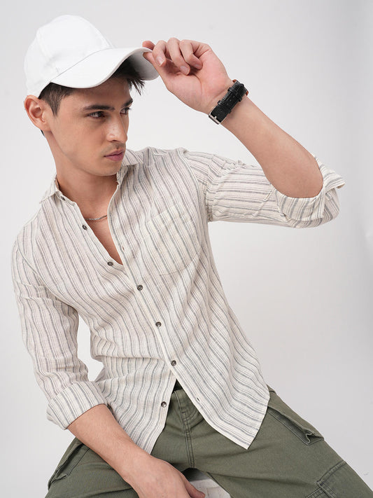 Off-White & Grey Vertical Striped Burlap Shirt