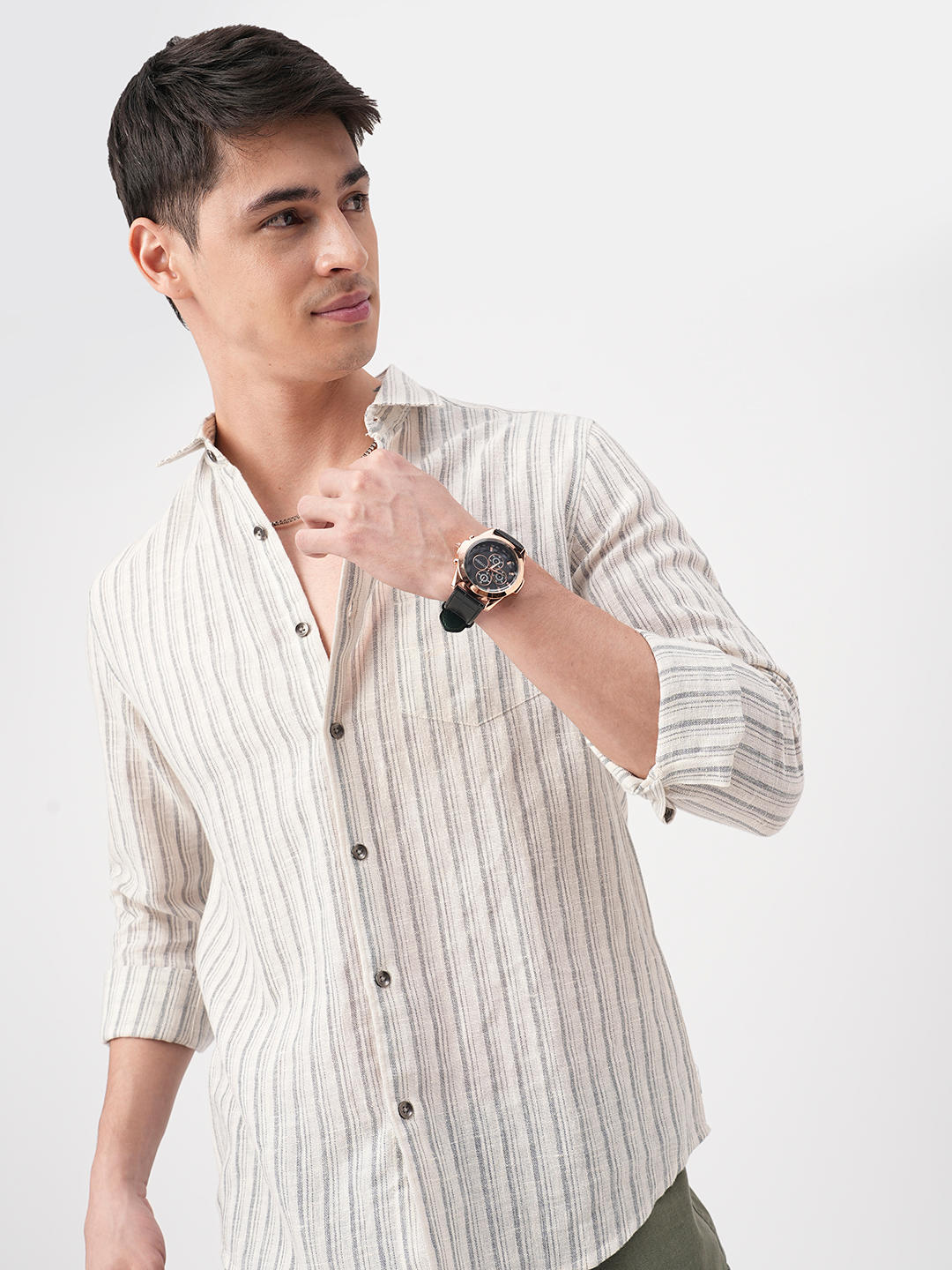 Off-White & Grey Vertical Striped Burlap Shirt