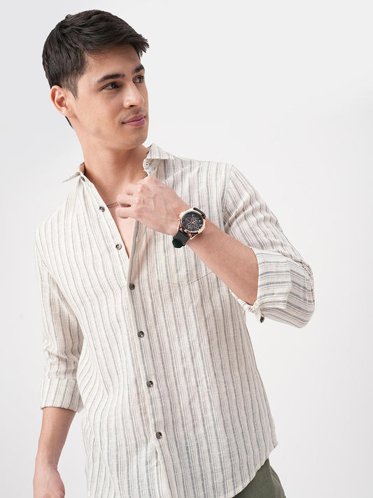 Off-White & Grey Vertical Striped Burlap Shirt