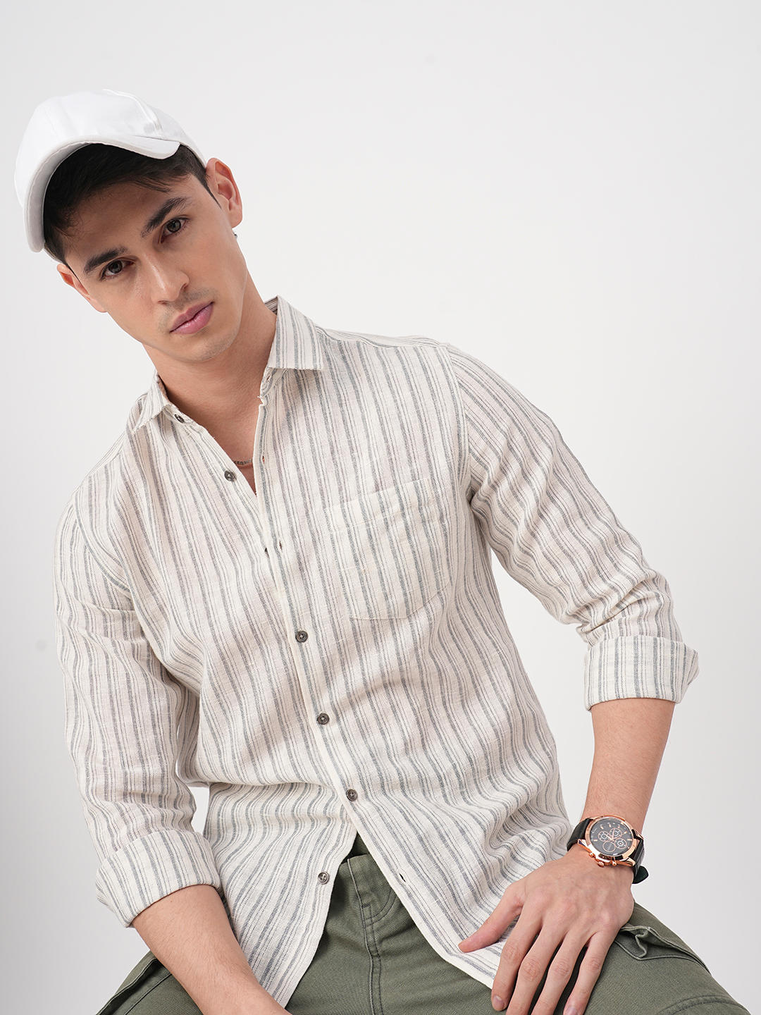Off-White & Grey Vertical Striped Burlap Shirt