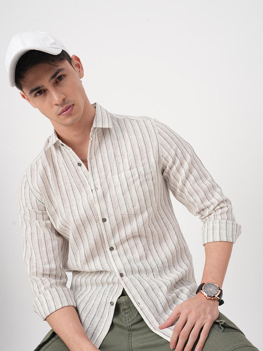 Off-White & Grey Vertical Striped Burlap Shirt