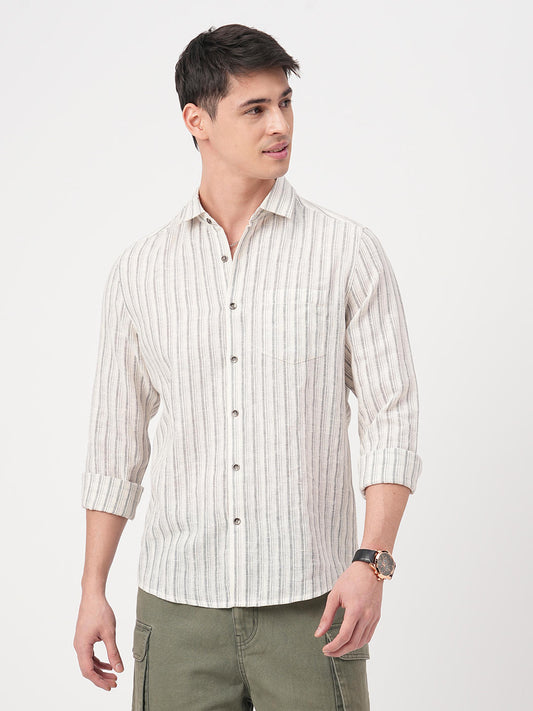 Off-White & Grey Vertical Striped Burlap Shirt