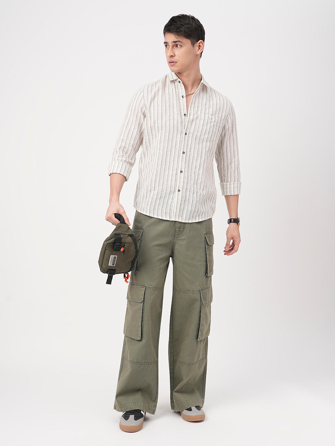 Off-White & Grey Vertical Striped Burlap Shirt