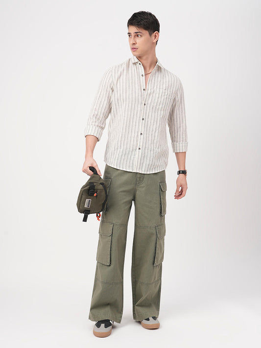 Off-White & Grey Vertical Striped Burlap Shirt