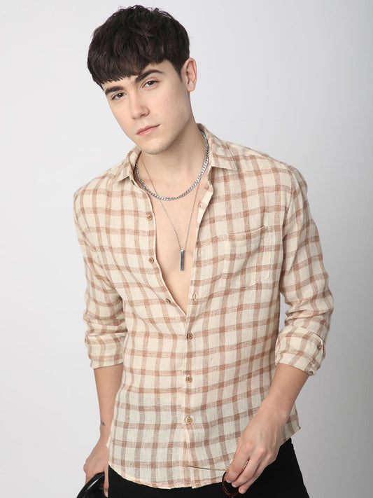 Beige & Brown Buffalo Checked Burlap Shirt