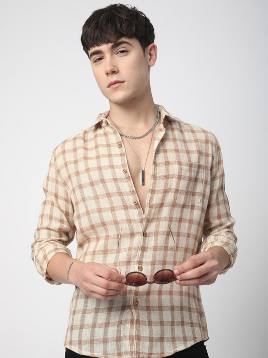 Beige & Brown Buffalo Checked Burlap Shirt