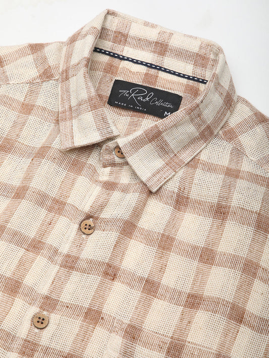 Beige & Brown Buffalo Checked Burlap Shirt