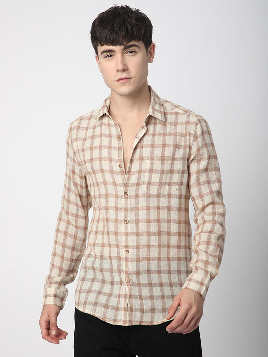 Beige & Brown Buffalo Checked Burlap Shirt
