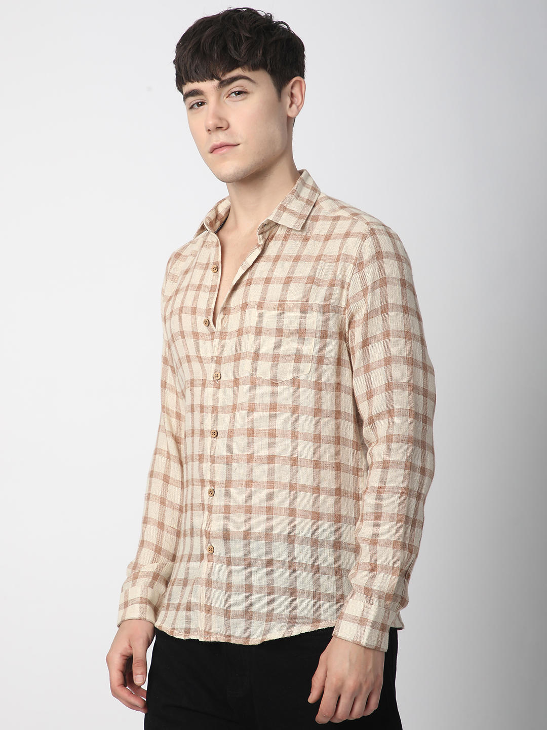 Beige & Brown Buffalo Checked Burlap Shirt