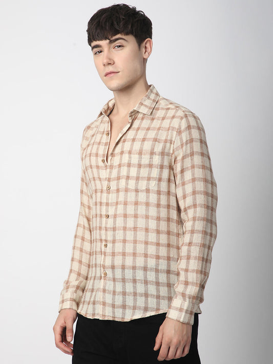 Beige & Brown Buffalo Checked Burlap Shirt
