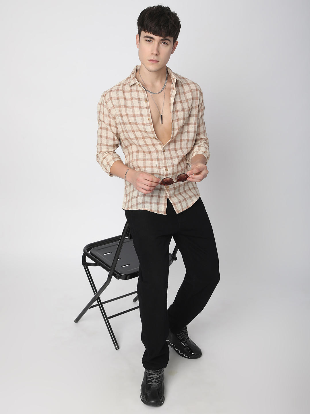 Beige & Brown Buffalo Checked Burlap Shirt
