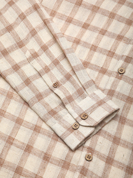 Beige & Brown Buffalo Checked Burlap Shirt