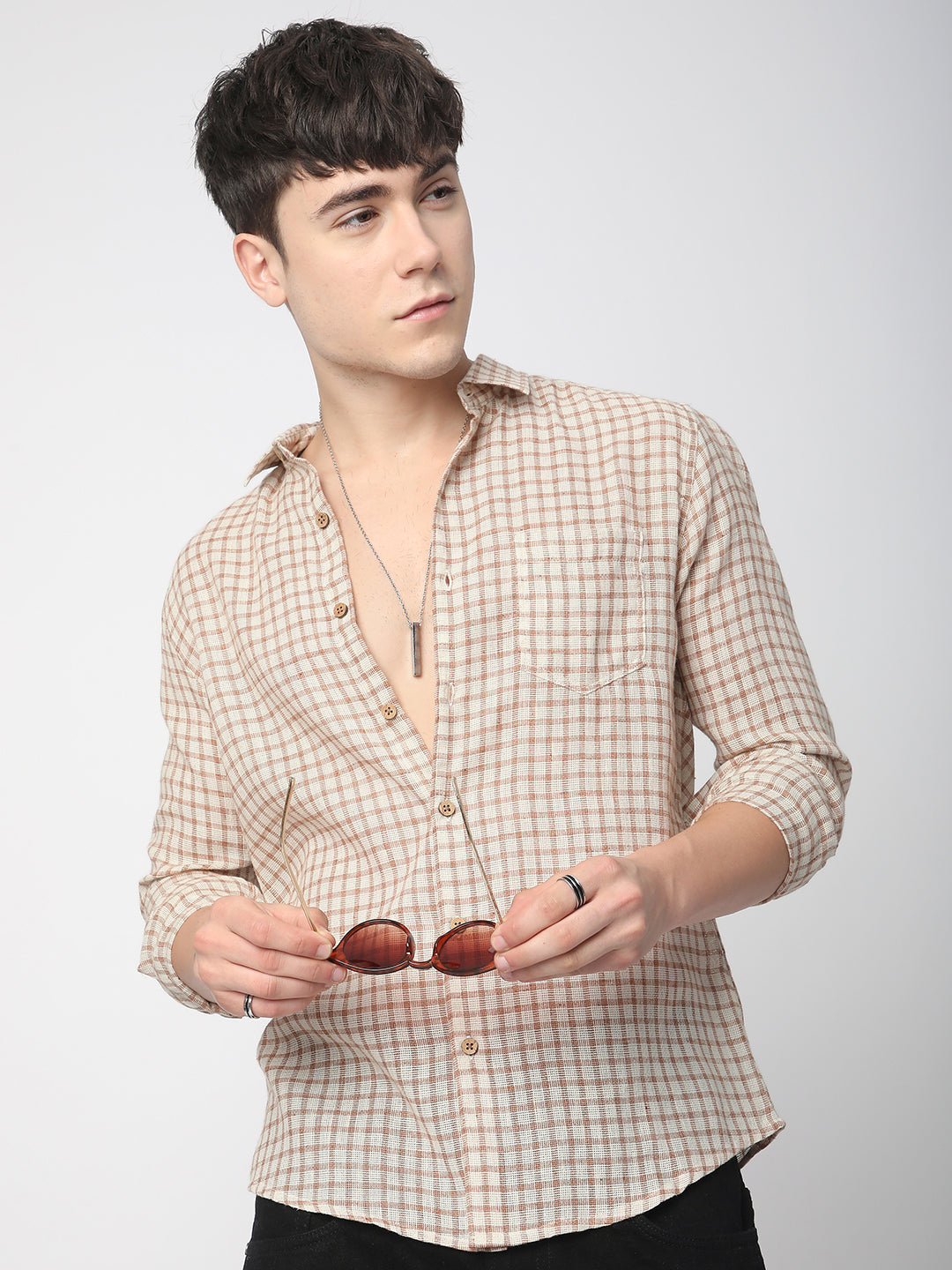 Beige & Brown Gingham Checkered Crochet Shirt