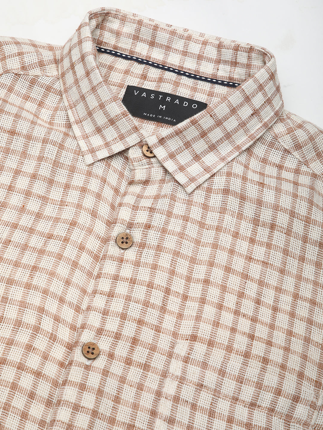 Beige & Brown Gingham Checkered Crochet Shirt