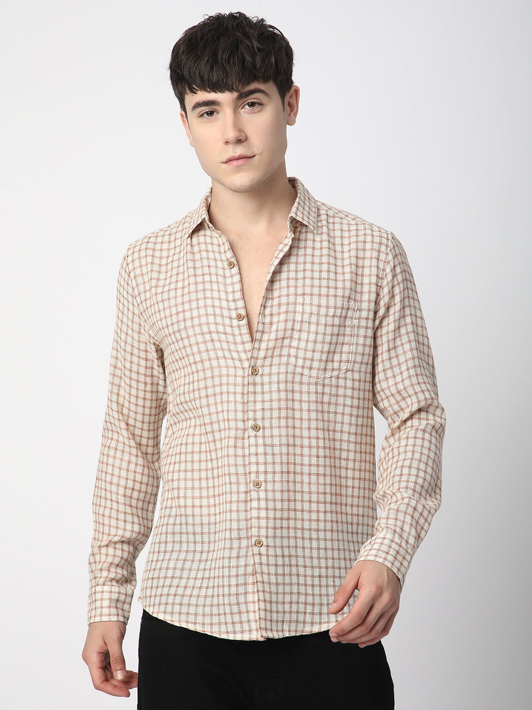 Beige & Brown Gingham Checkered Crochet Shirt
