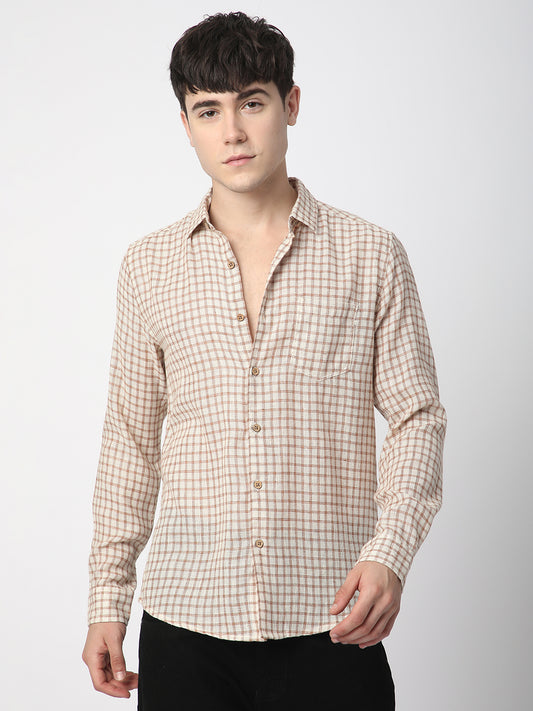 Beige & Brown Gingham Checkered Crochet Shirt
