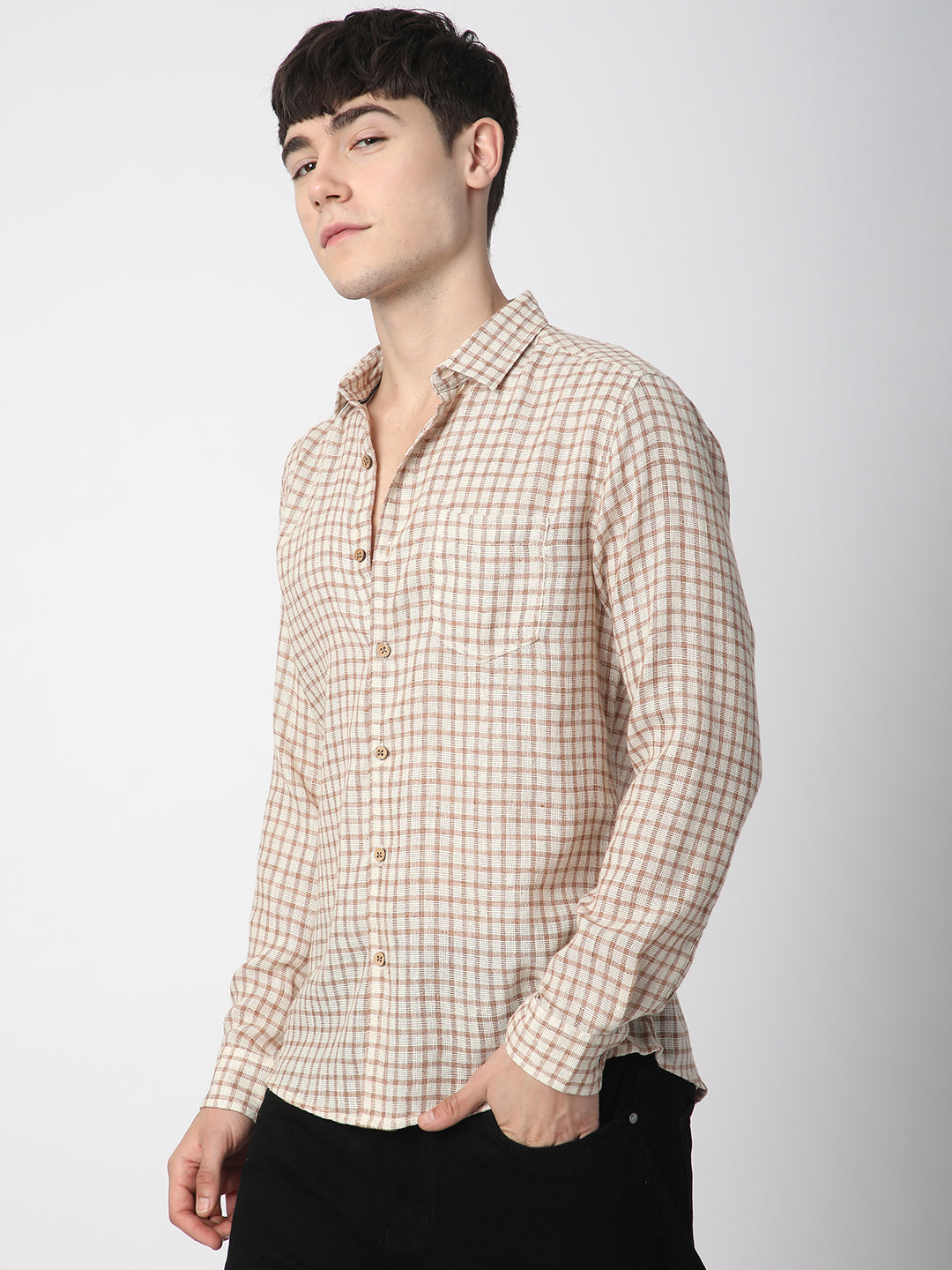 Beige & Brown Gingham Checkered Crochet Shirt
