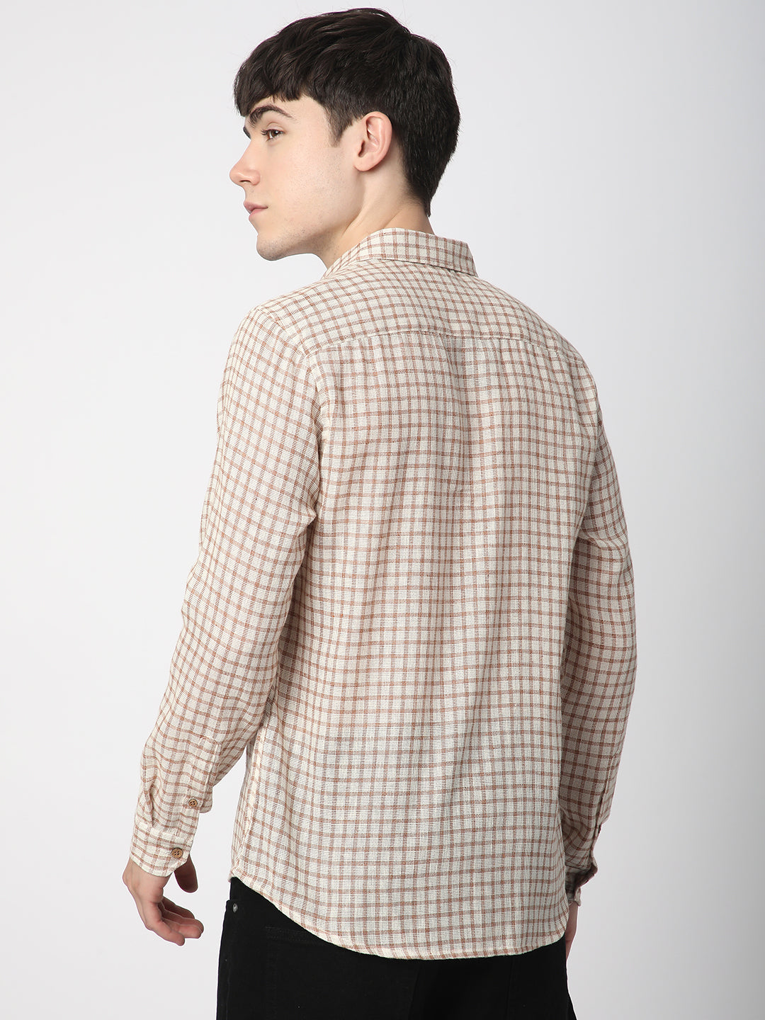 Beige & Brown Gingham Checkered Crochet Shirt