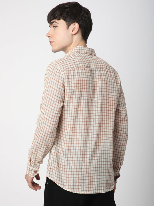 Beige & Brown Gingham Checkered Crochet Shirt