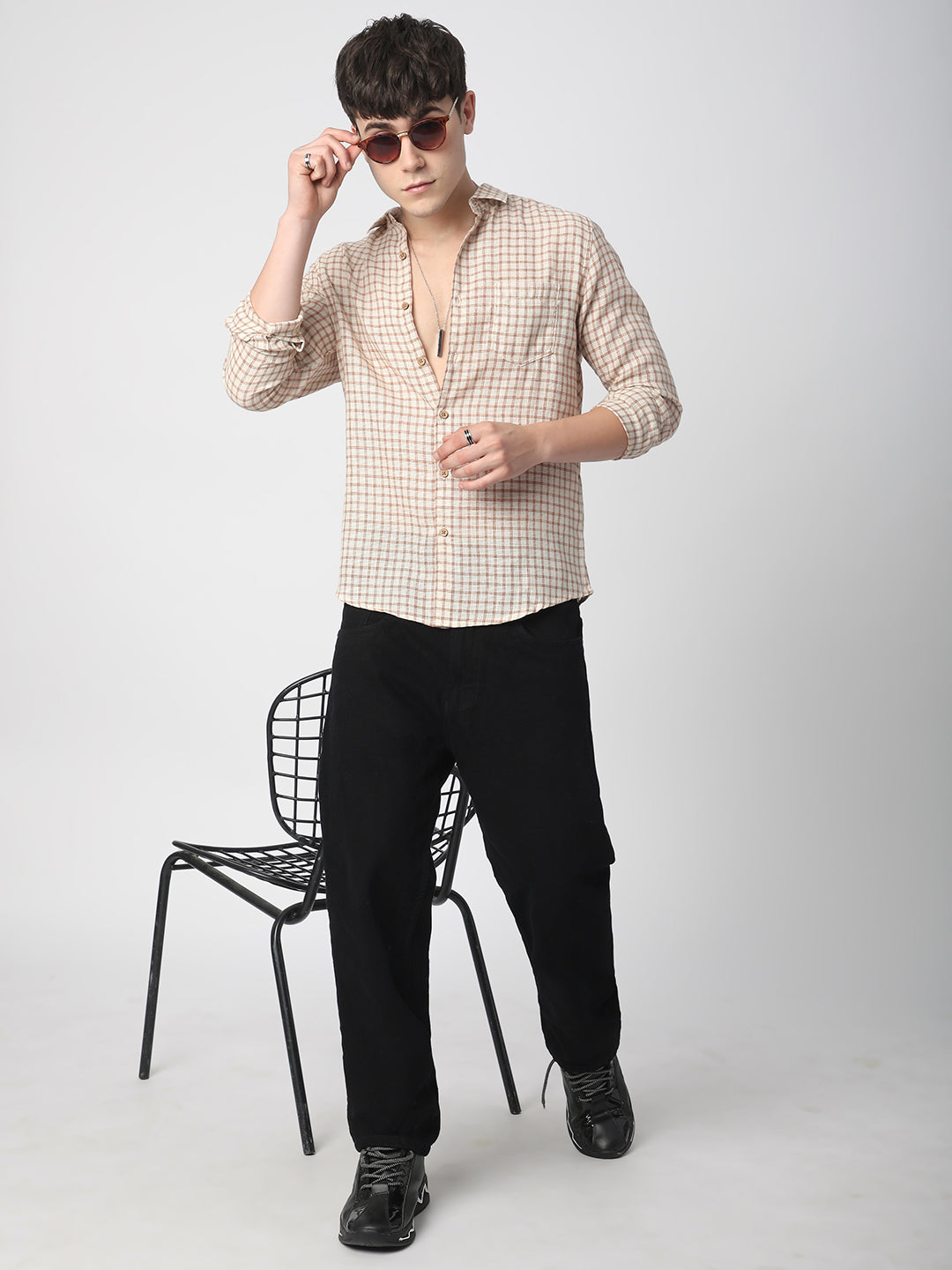 Beige & Brown Gingham Checkered Crochet Shirt