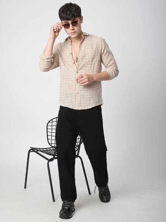 Beige & Brown Gingham Checkered Crochet Shirt