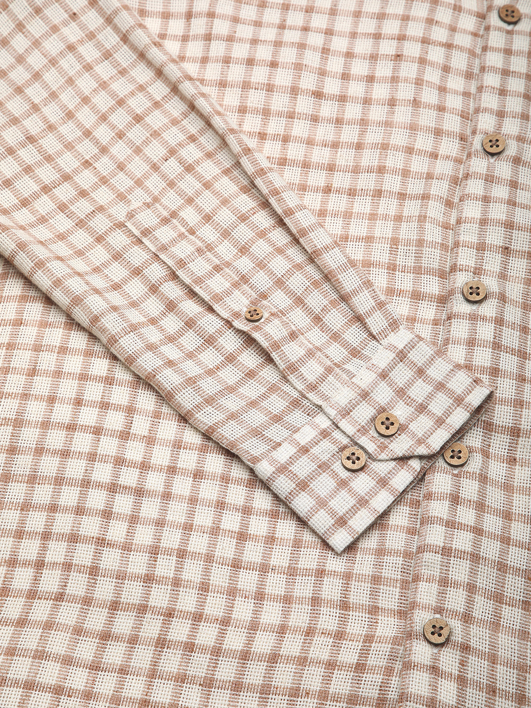 Beige & Brown Gingham Checkered Crochet Shirt
