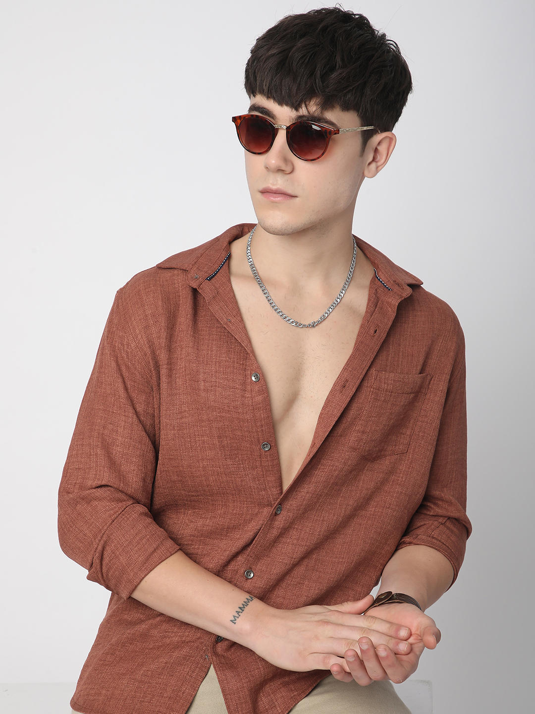Auxfo Rust Brown Crinkled Linen Shirt