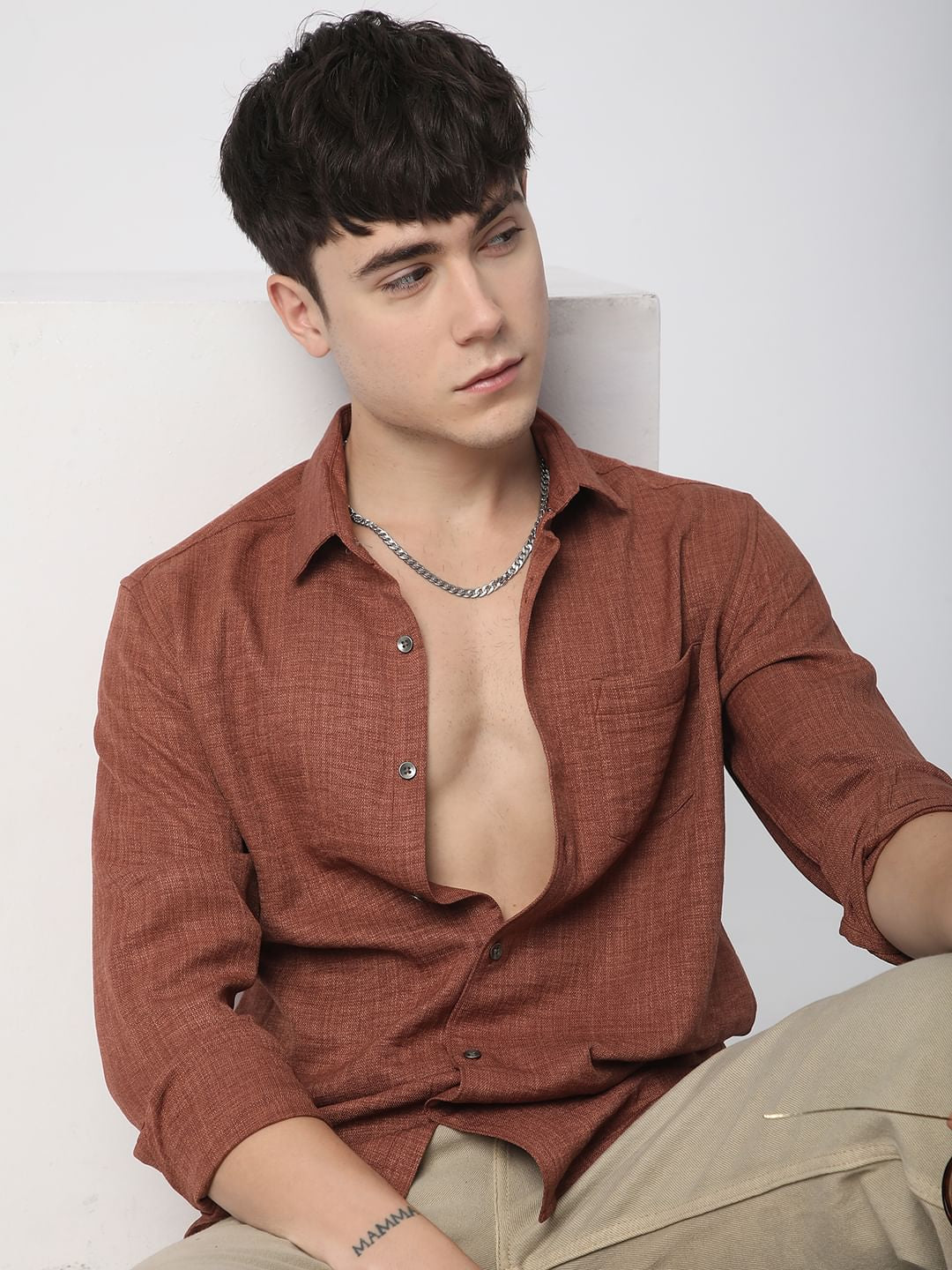 Auxfo Rust Brown Crinkled Linen Shirt