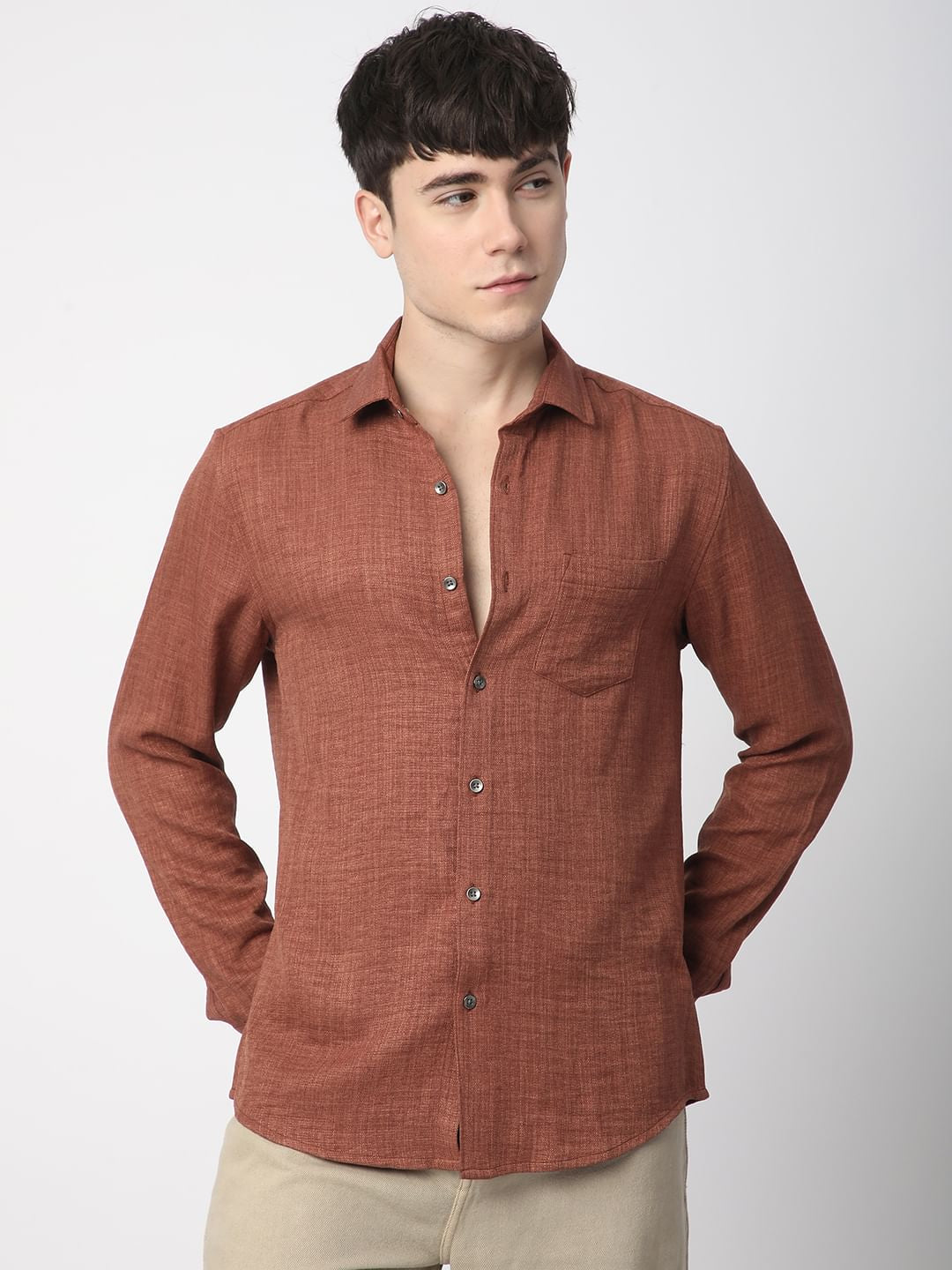 Auxfo Rust Brown Crinkled Linen Shirt