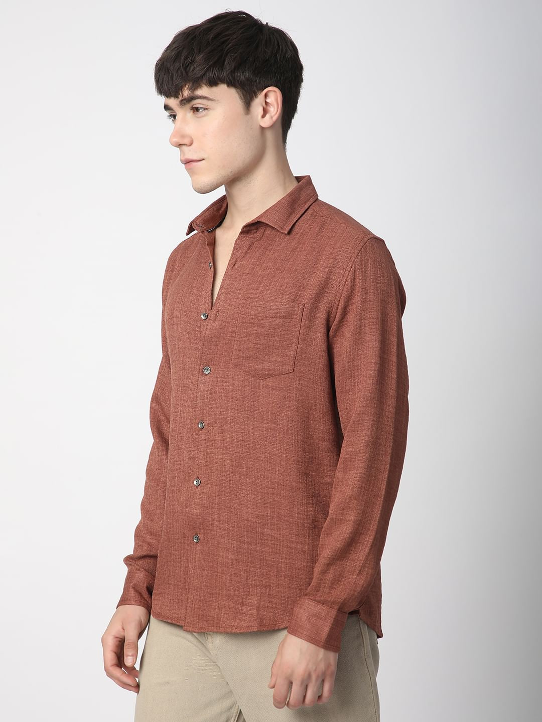 Auxfo Rust Brown Crinkled Linen Shirt