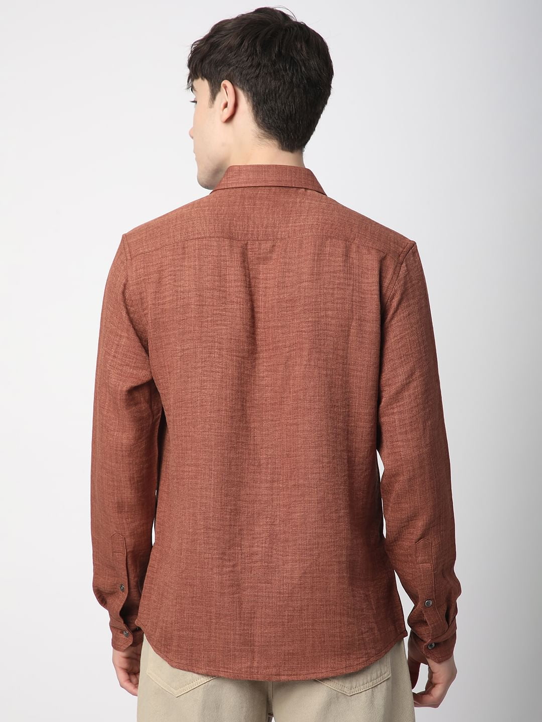 Auxfo Rust Brown Crinkled Linen Shirt