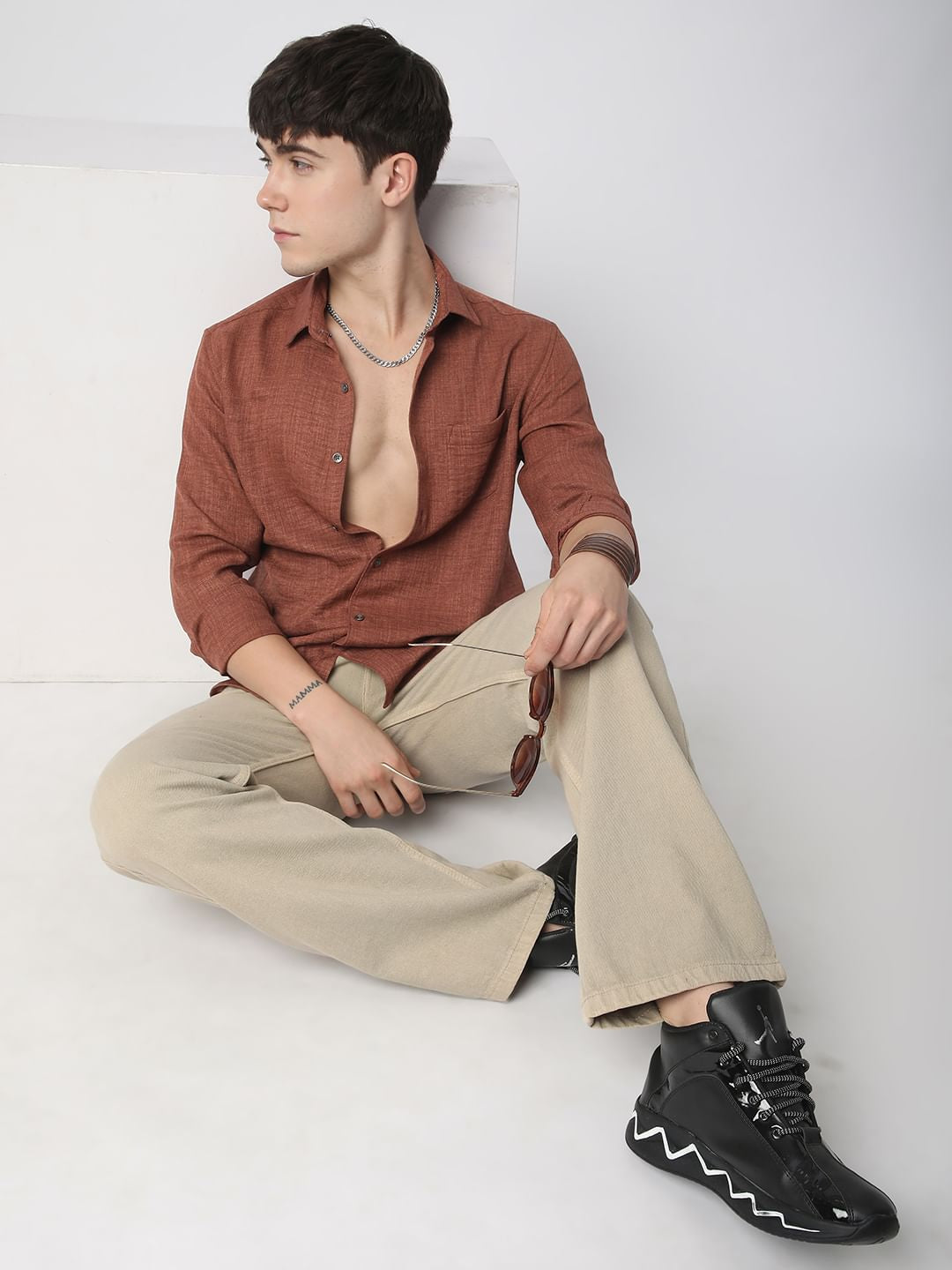Auxfo Rust Brown Crinkled Linen Shirt