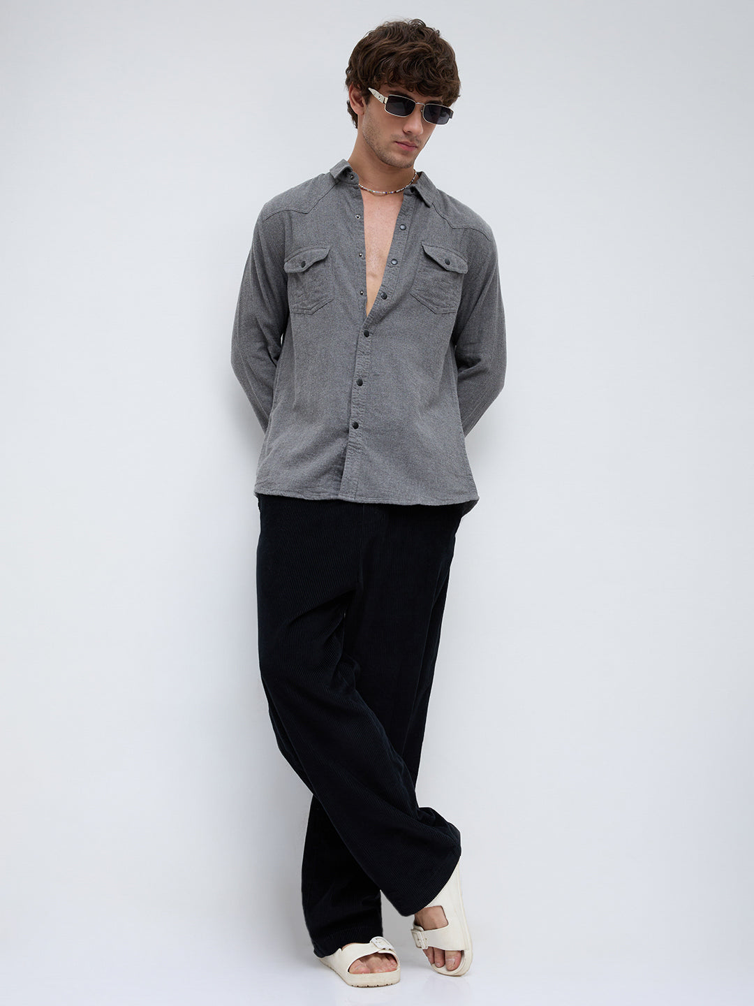 Solid Intense Grey Flannel Double Flap Pocket Shirt