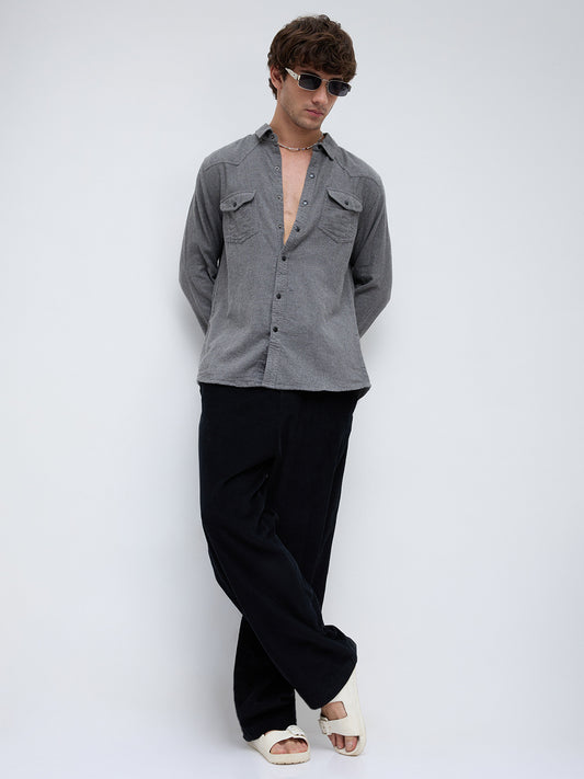 Solid Intense Grey Flannel Double Flap Pocket Shirt