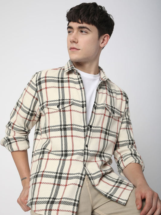 Cream Tweed Checks Double Flap Pocket Shirt