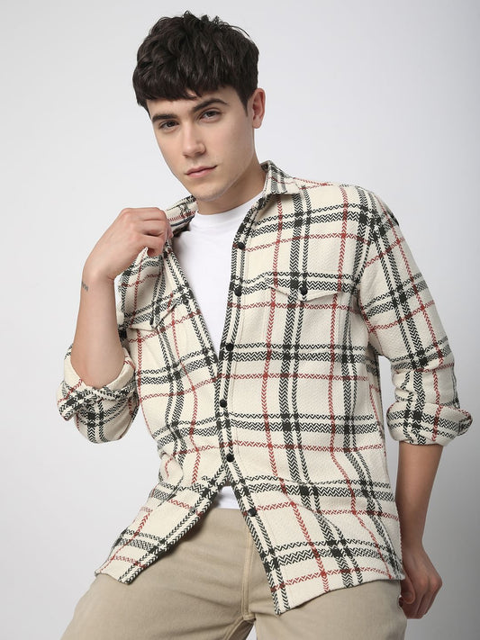Cream Tweed Checks Double Flap Pocket Shirt