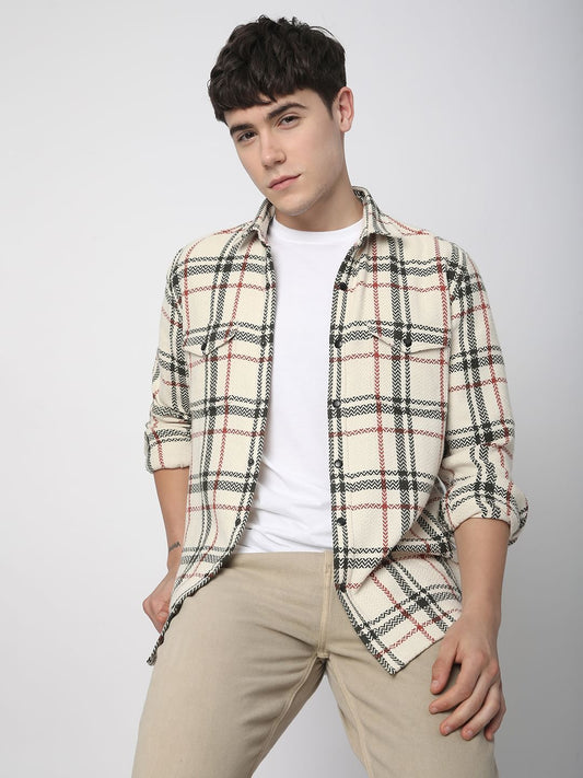 Cream Tweed Checks Double Flap Pocket Shirt
