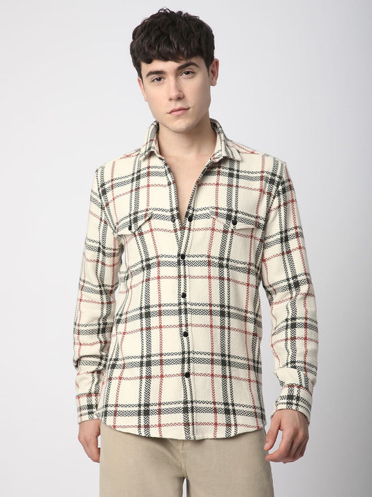 Cream Tweed Checks Double Flap Pocket Shirt