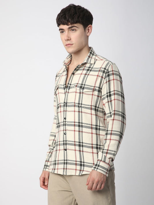 Cream Tweed Checks Double Flap Pocket Shirt