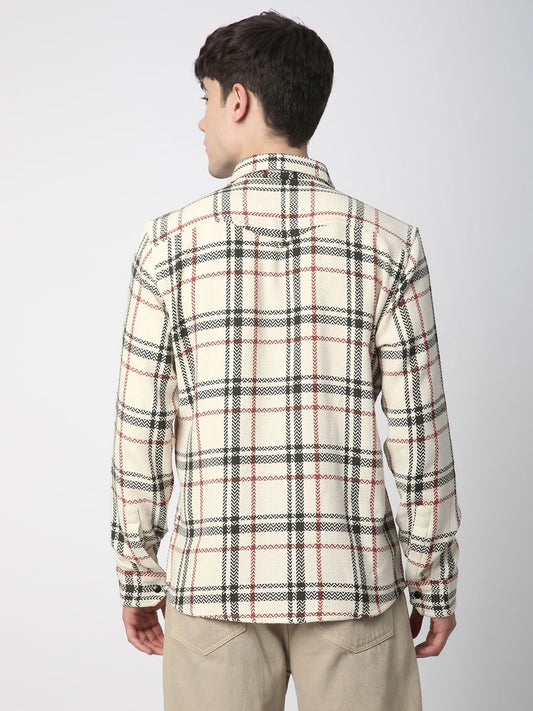 Cream Tweed Checks Double Flap Pocket Shirt