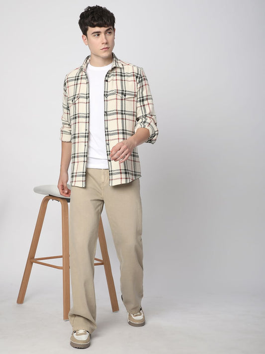 Cream Tweed Checks Double Flap Pocket Shirt