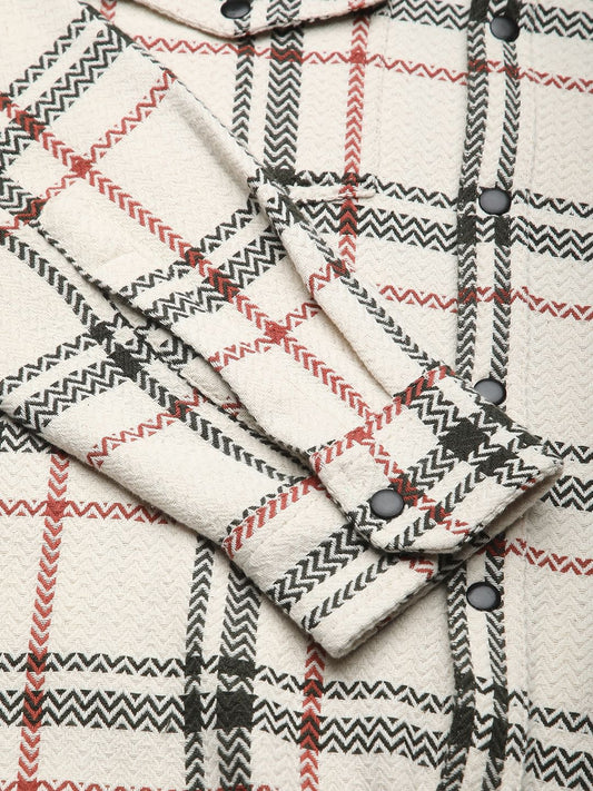 Cream Tweed Checks Double Flap Pocket Shirt