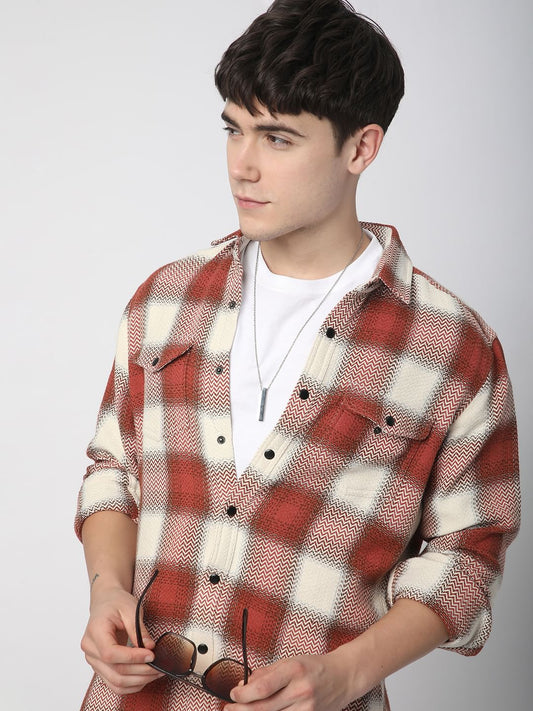 Crimson Red Tweed Checks Double Flap Pocket Shirt