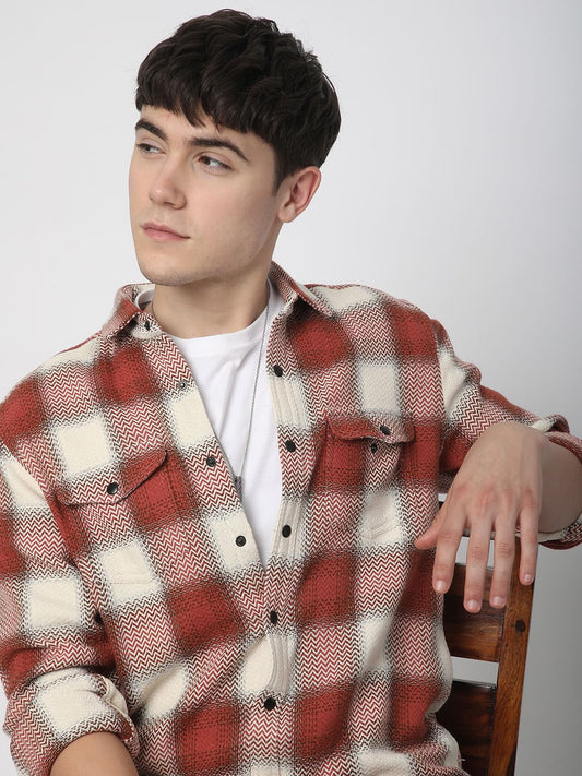 Crimson Red Tweed Checks Double Flap Pocket Shirt