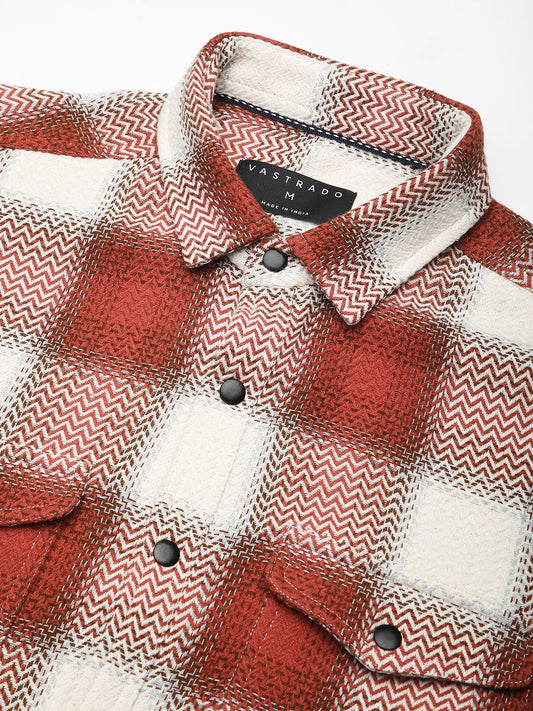 Crimson Red Tweed Checks Double Flap Pocket Shirt