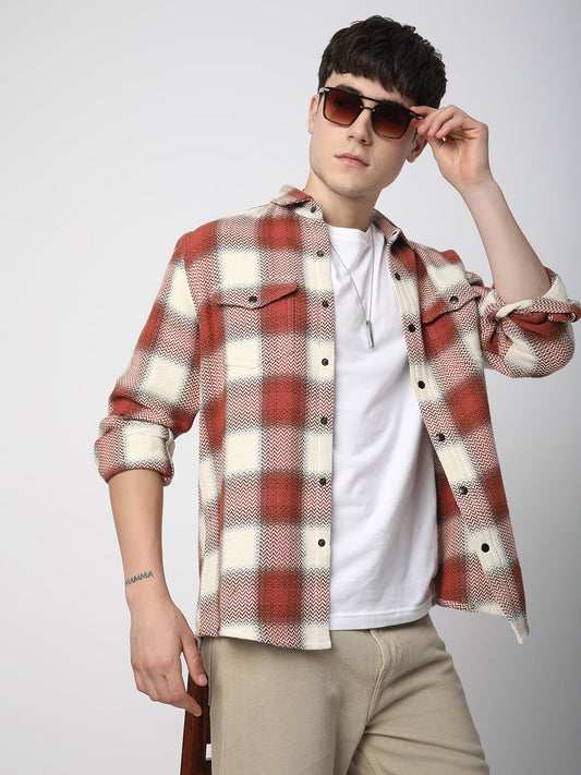 Crimson Red Tweed Checks Double Flap Pocket Shirt